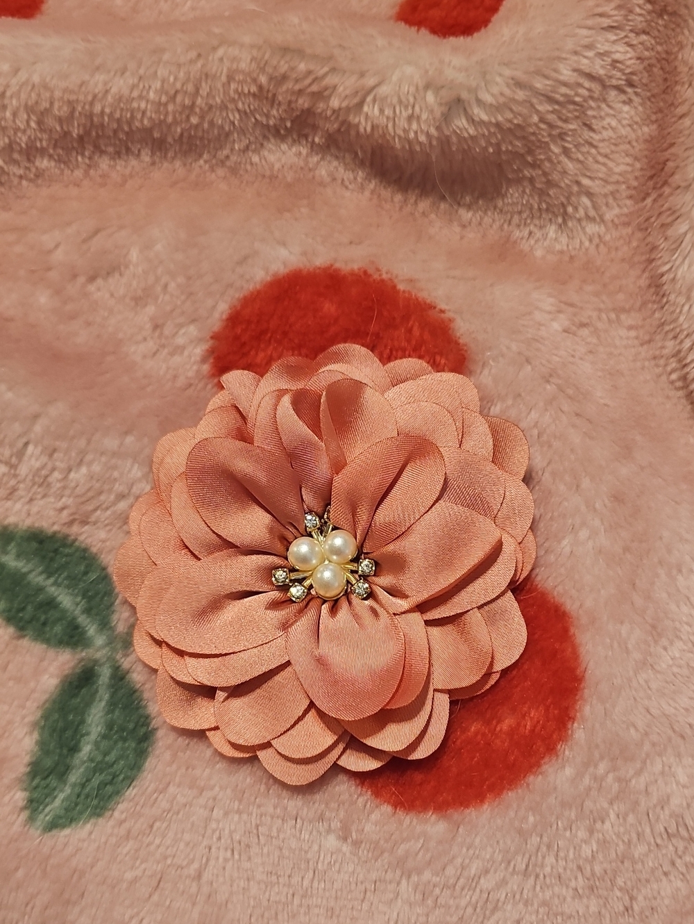 Peach Fabric Flower Brooch with Pearl & Crystal Cluster